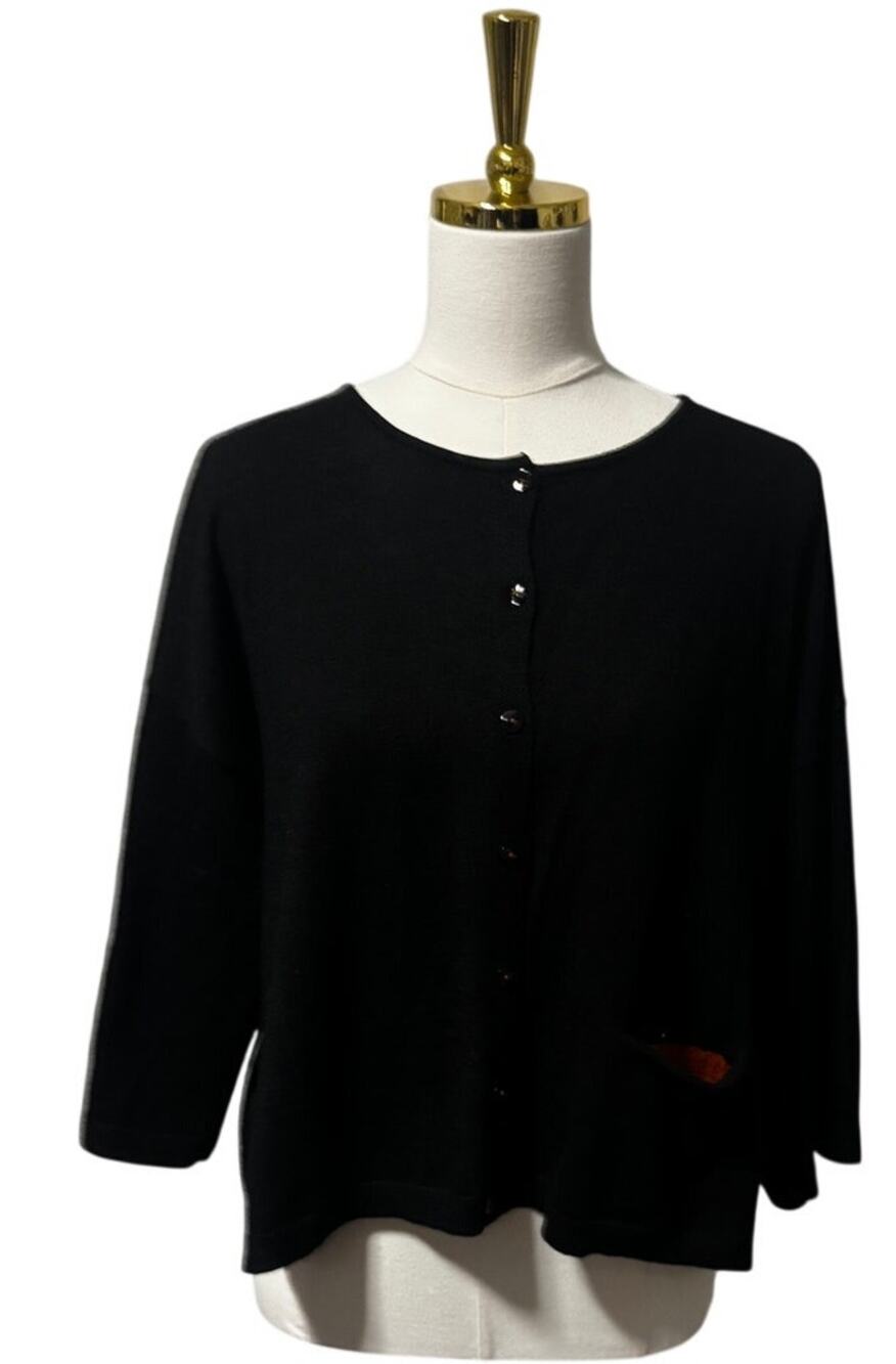 Gudrun Sjoden Black Organic Wool Cropped Boxy Cardigan Rust Trim Pocket Size S